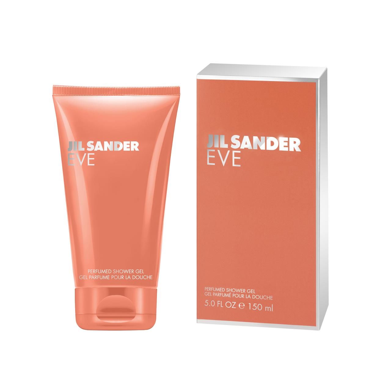 Tubo e scatola color corallo. Sul tubo: JIL SANDER EVE. Sulla scatola: JIL SANDER EVE, PERFUMED SHOWER GEL, 5.0 FL OZ, 150 ml.