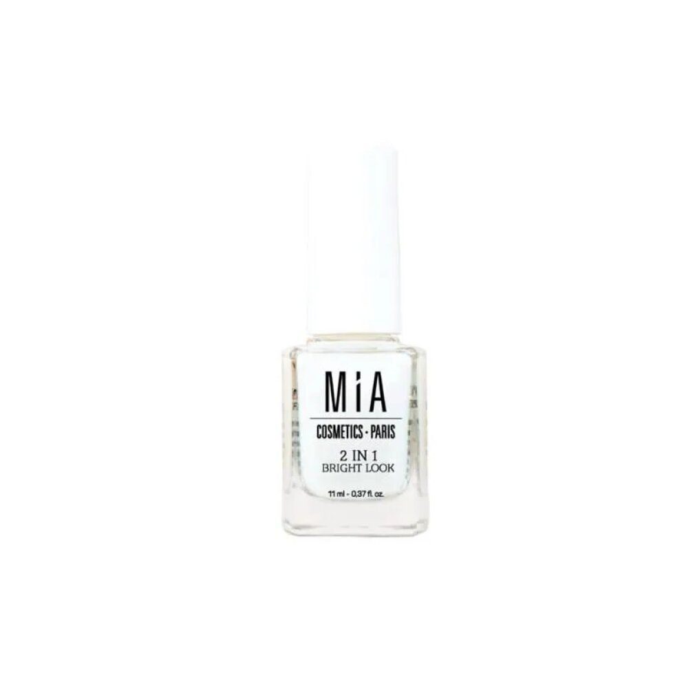 Prodotto per unghie con tappo bianco. Scritta: Mía Cosmetics Paris, 2 in 1 Bright Look.