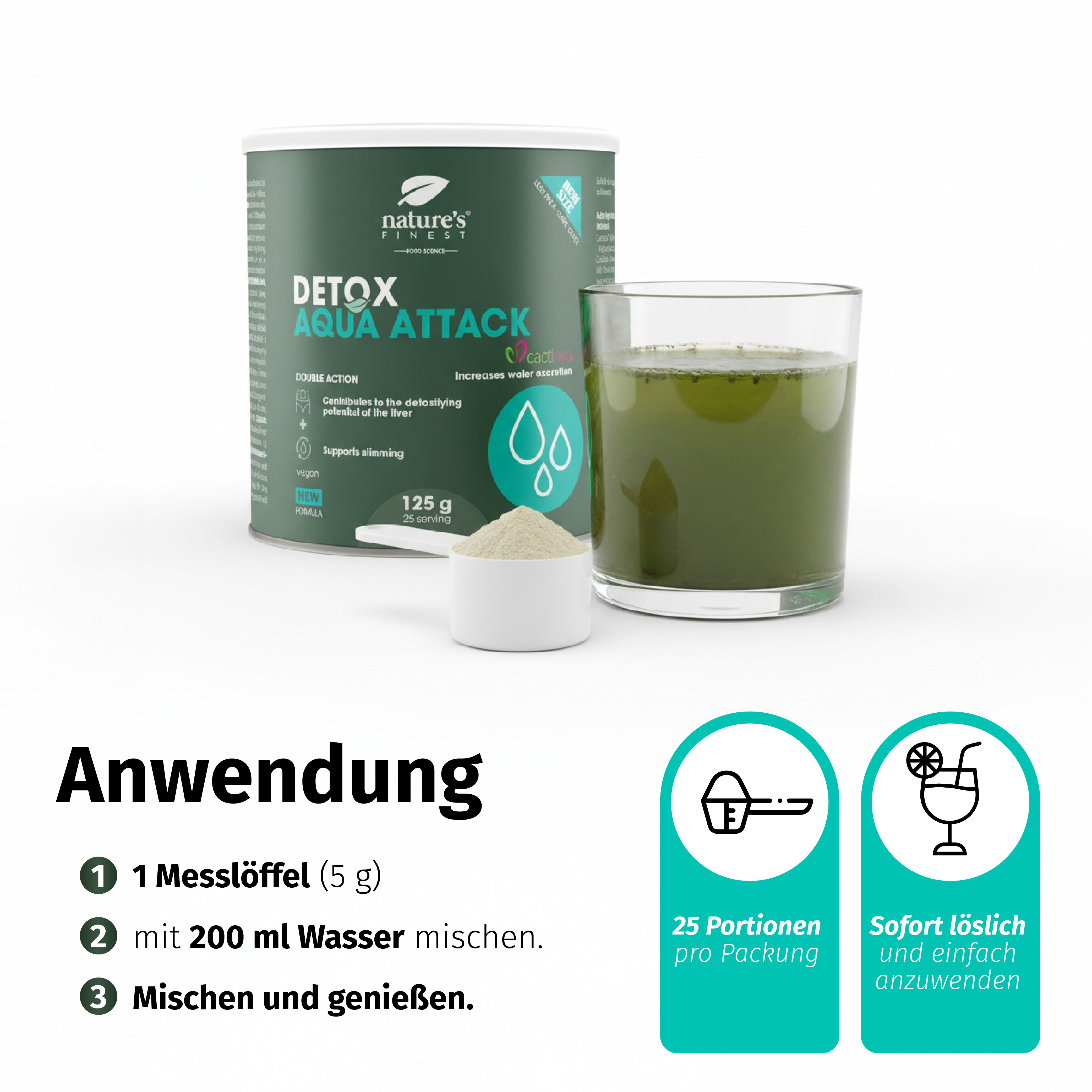 Lattina Nature's Finest Detox Aqua Attack, misurino e bevanda preparata in un bicchiere.