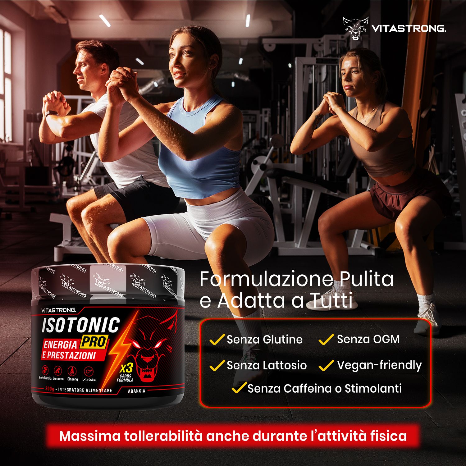 Tre persone che si allenano. Barattolo con testo. Testo su senza glutine, vegano, ecc. Logo.