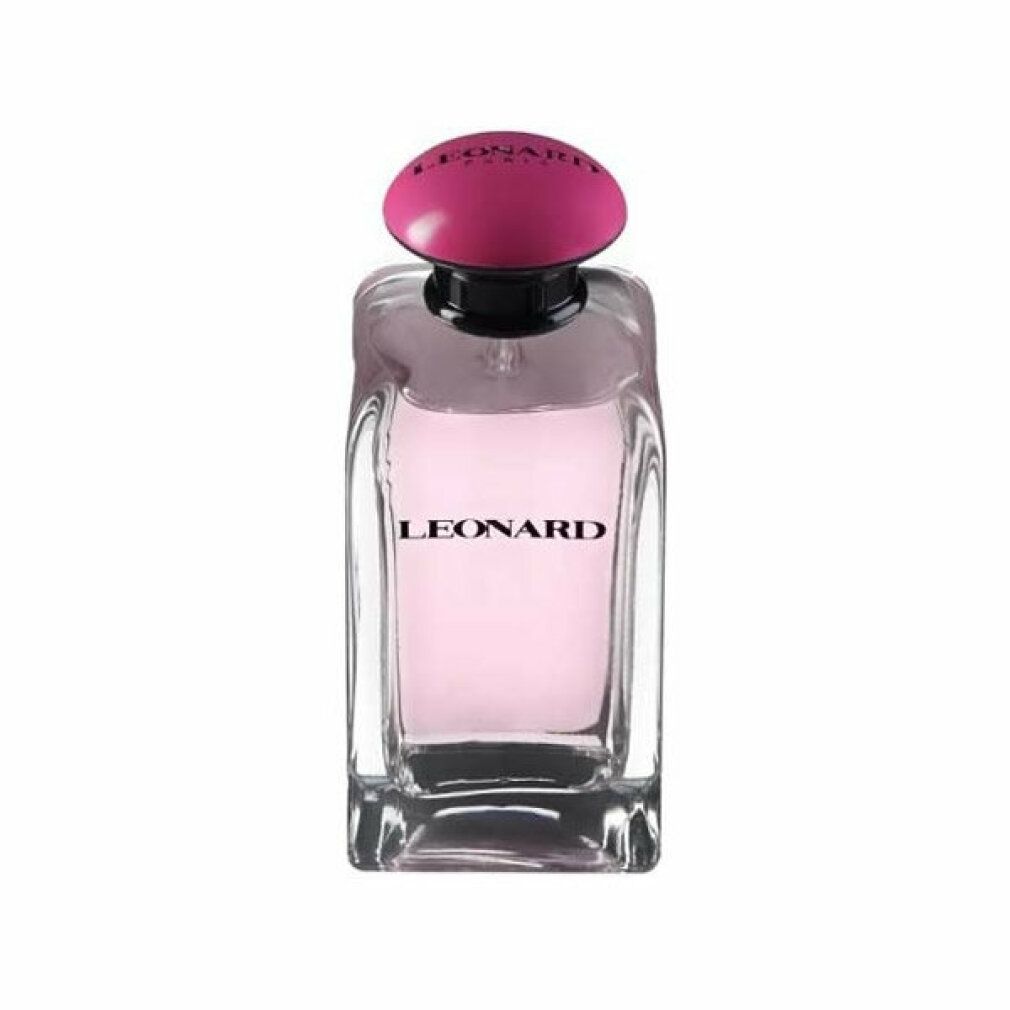 Flacone di profumo Leonard. Flacone in vetro rettangolare con contenuto rosa e tappo rosa. Marchio sul flacone.