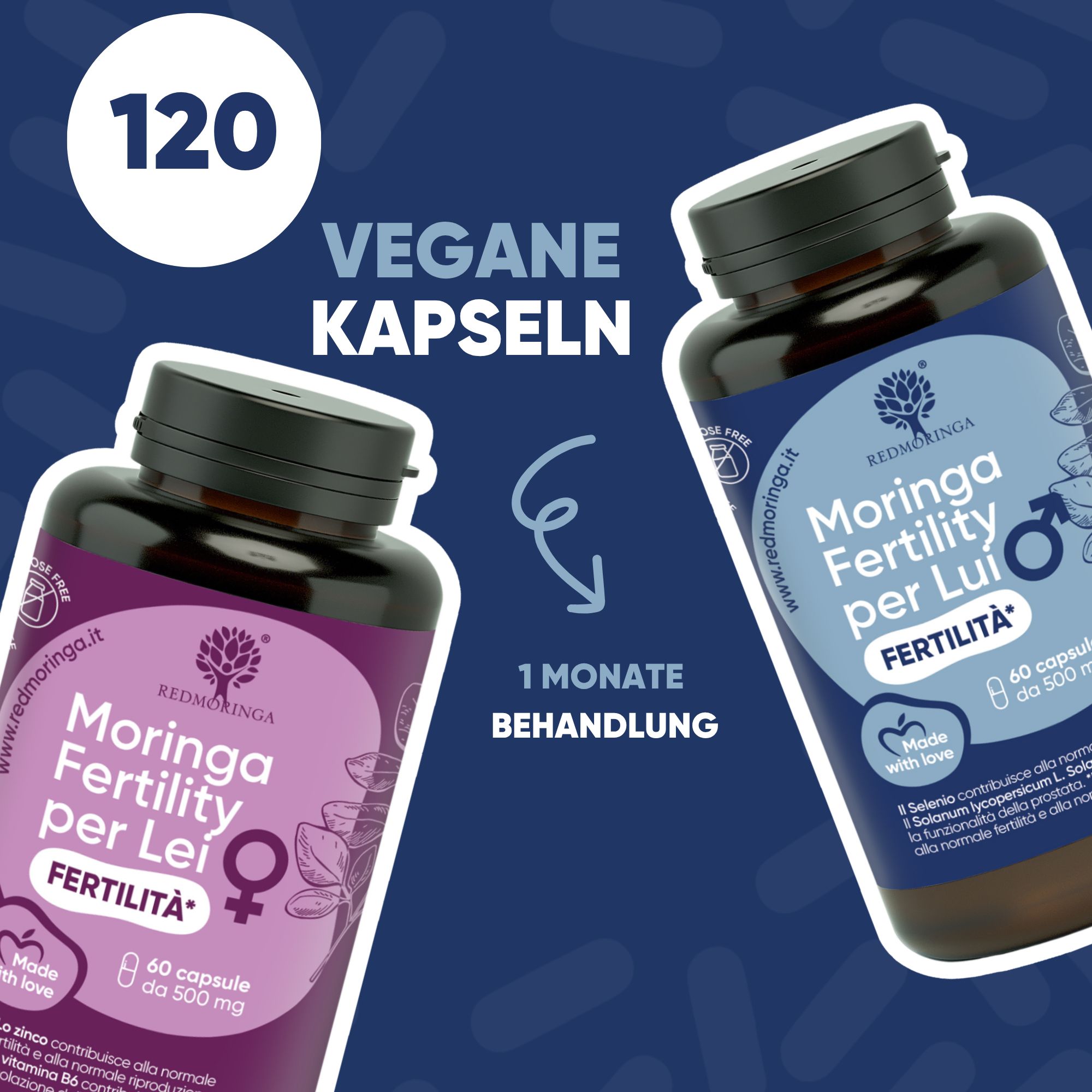 Due flaconi RedMoringa Fertility Set: Viola per donne, Blu per uomini. 120 capsule vegane.
