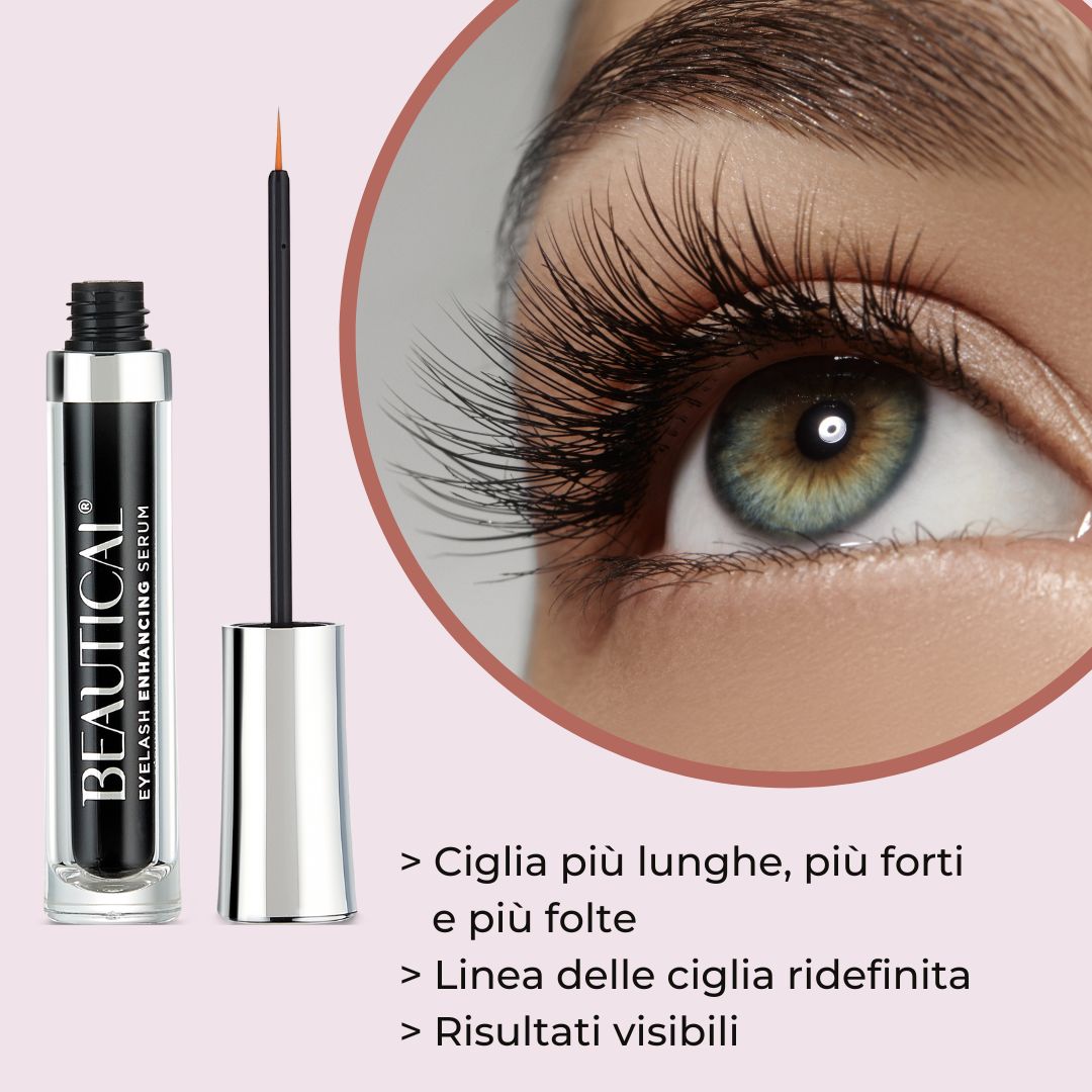 Siero per ciglia BEAUTICAL. Flacone nero con applicatore. Tappo argentato. Occhio con ciglia lunghe.