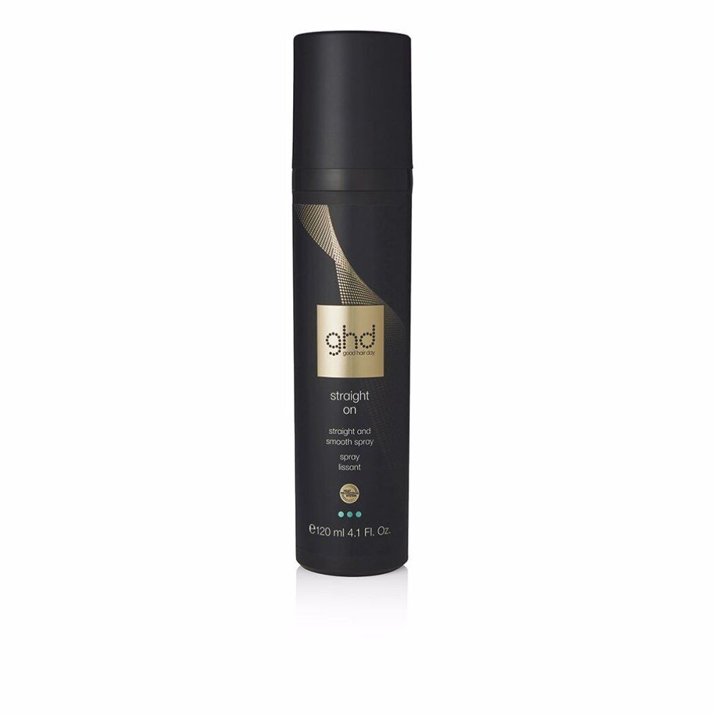 Flacone spray nero con scritta dorata "ghd" e "straight on". Tappo nero. 120 ml.