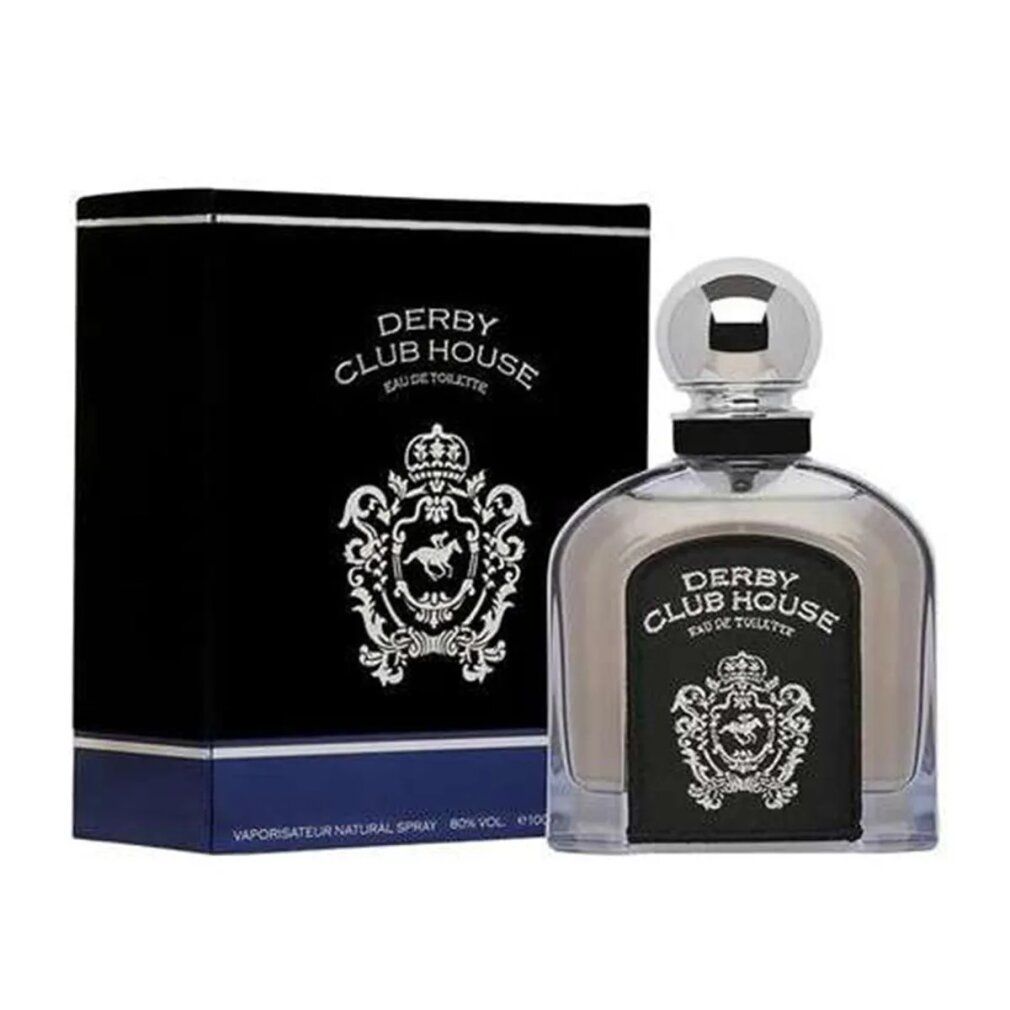 Flacone e confezione di Derby Club House Eau de Toilette. Confezione nera con logo bianco. Flacone trasparente.