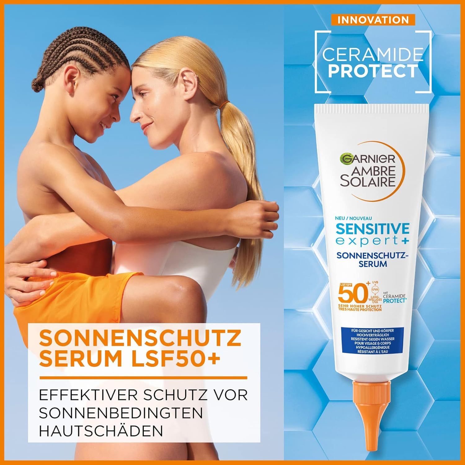 Due persone si abbracciano, accanto a un tubo bianco Garnier Ambre Solaire Sensitive Expert+ LSF50+ Siero. Testo: Siero solare SPF50+.