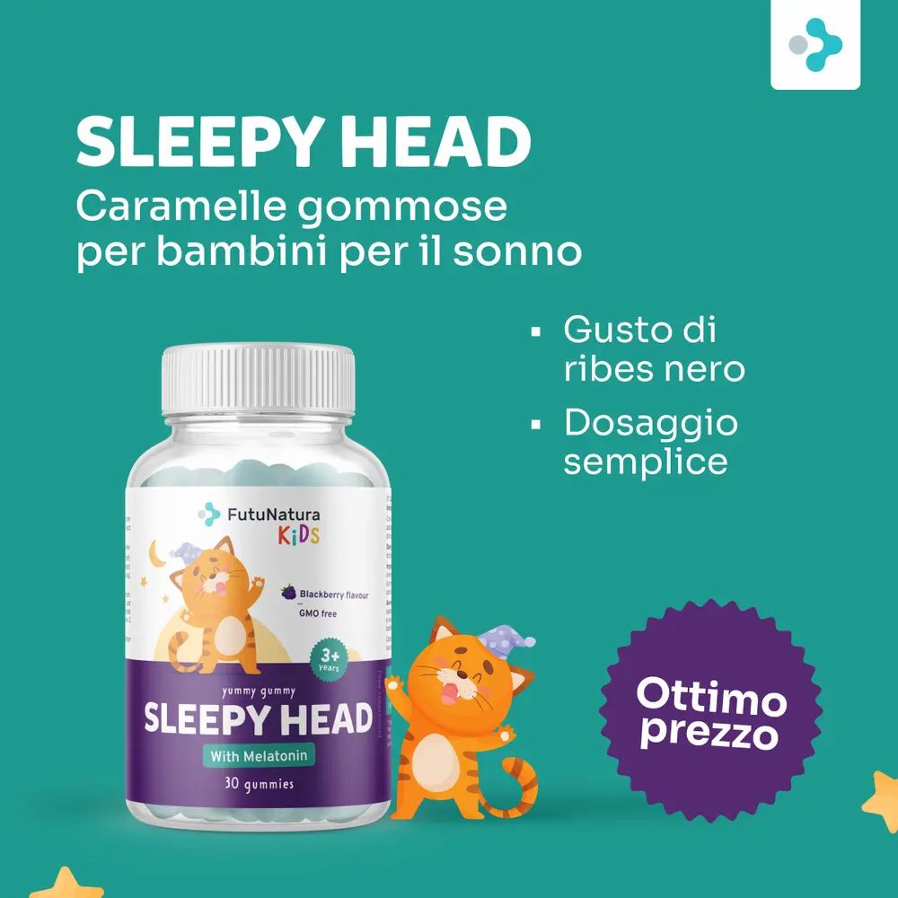 Flacone SLEEPY HEAD, melatonina. Testo: Caramelle gommose per bambini per il sonno. Stelle.