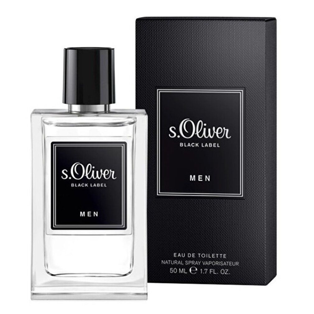 Flacone e confezione s.Oliver Black Label Uomo. Etichetta nera, testo bianco. Eau de Toilette.