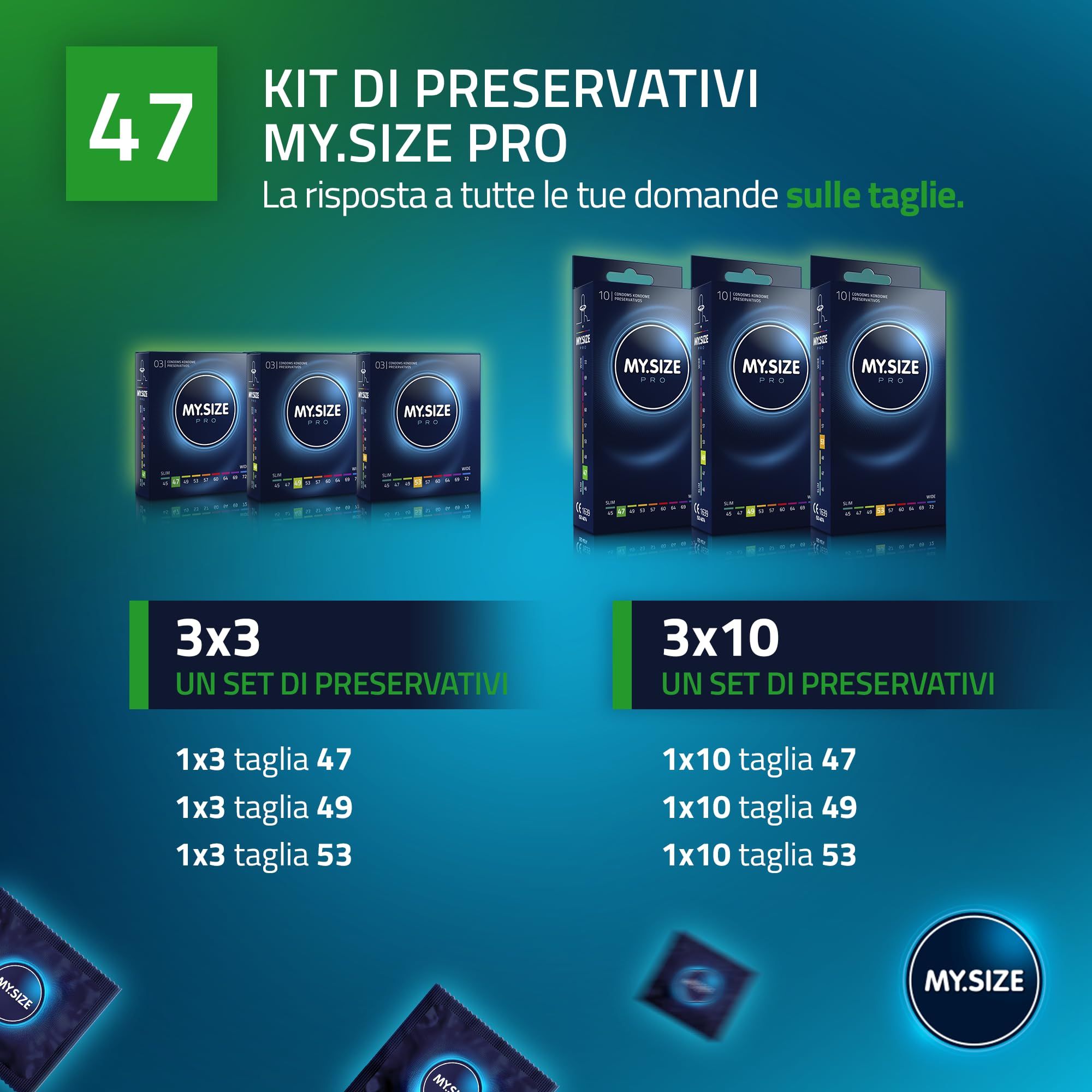 Confezioni di preservativi My.Size PRO, misure 47mm, 49mm, 53mm.