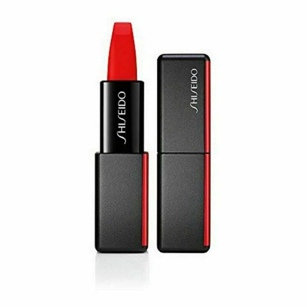 Rossetto rosso con astuccio nero e dettaglio rosso. Aperto, stick visibile. Marchio Shiseido.