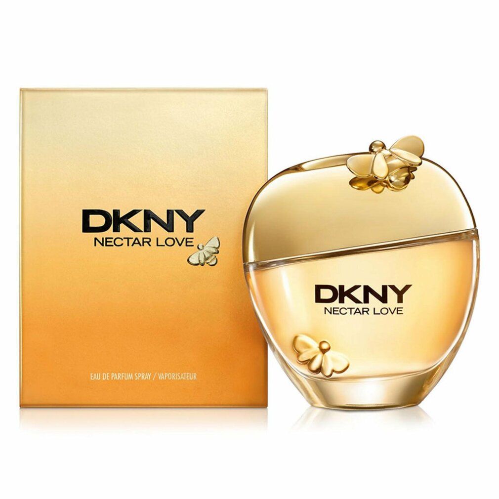 Flacone di profumo e scatola. Tappo dorato con ape. Scritta DKNY Nectar Love.