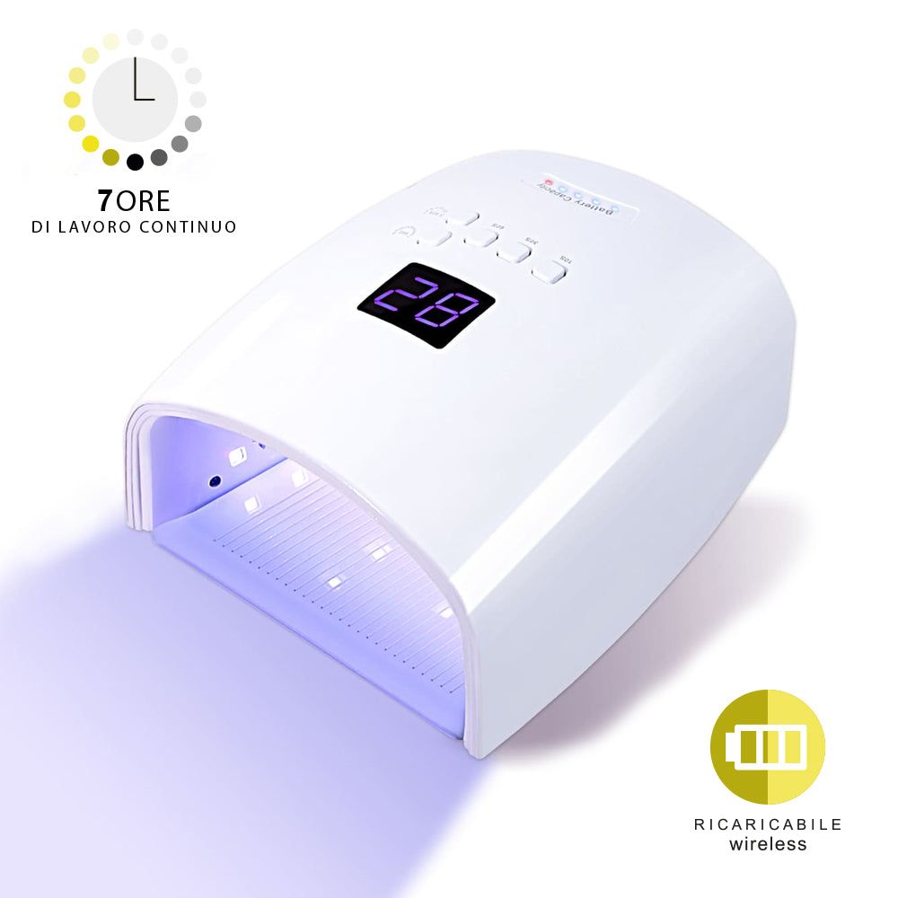 Lampada LED bianca per unghie con display digitale. Mostra un'indicazione di tempo. Il prodotto ha un indicatore di batteria.