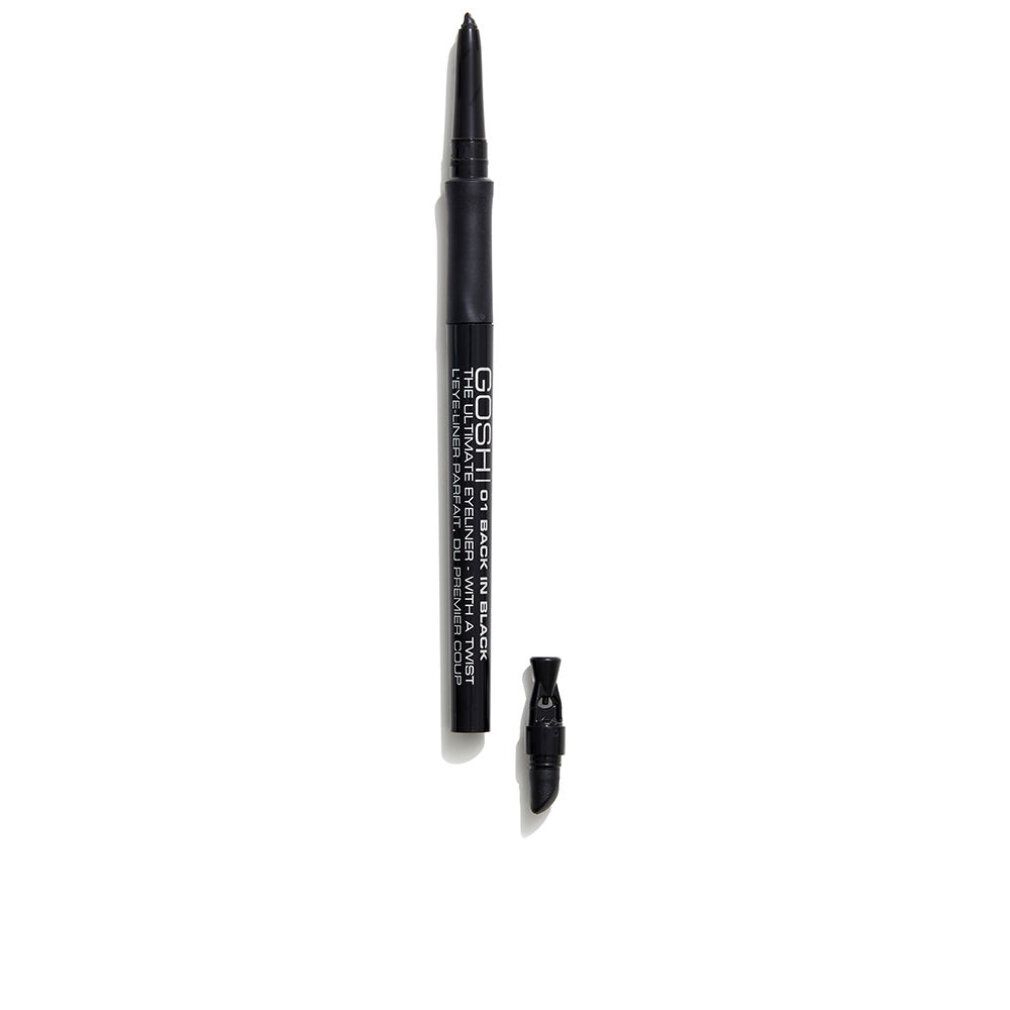 Matita eyeliner nera con meccanismo a rotazione e cappuccio. Scritta: GOSH THE ULTIMATE EYELINER WITH A TWIST 01 BACK IN BLACK.