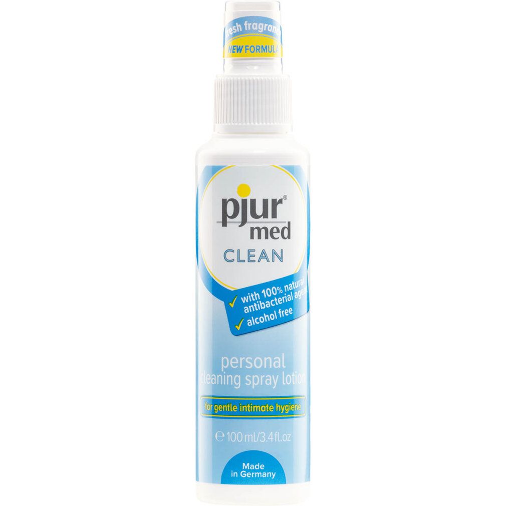 Lozione spray detergente. Flacone bianco con etichetta blu. Scritta: pjur med CLEAN, personal cleaning spray lotion, 100% naturale antibatterico, senza alcool.