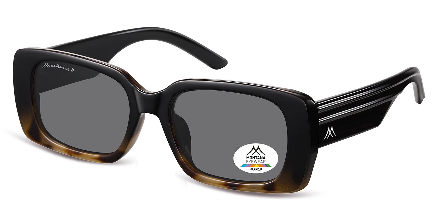 Occhiali da sole con montatura marrone e lenti grigie. Logo Montana Eyewear ed etichetta Polarized.