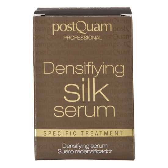 Confezione marrone con scritte dorate. Scritte: Postquam, Densifying Silk Serum, Specific Treatment.