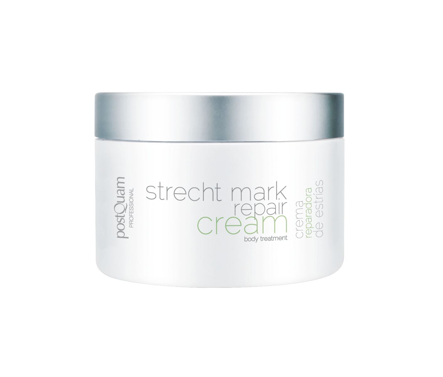 Vaso di crema bianco con coperchio argentato. Scritta: Postquam, Strecht mark repair cream.