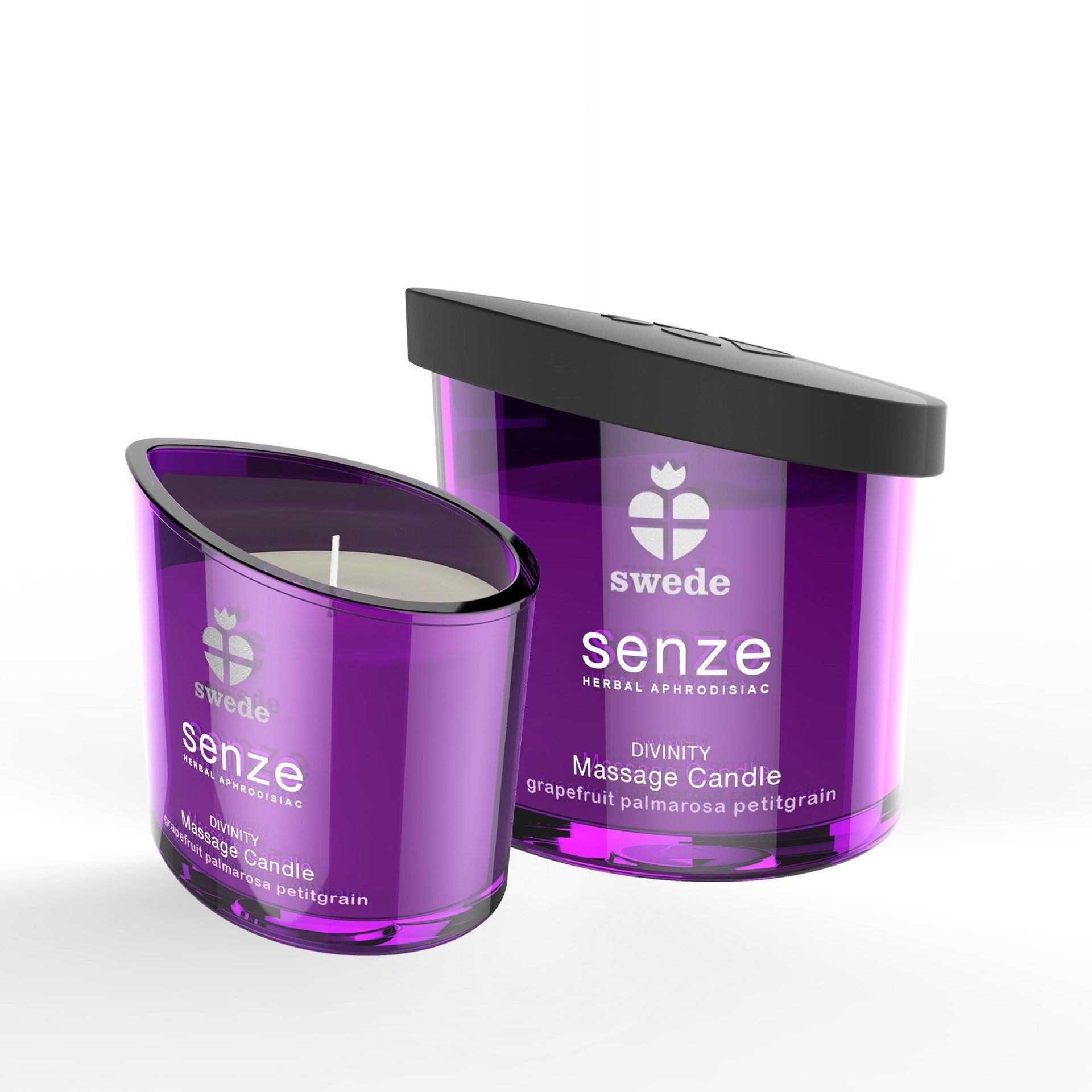 Due candele viola con coperchio nero. Scritta: swede, senze, Divinity Massage Candle, Grapefruit Palmarosa Petitgrain.