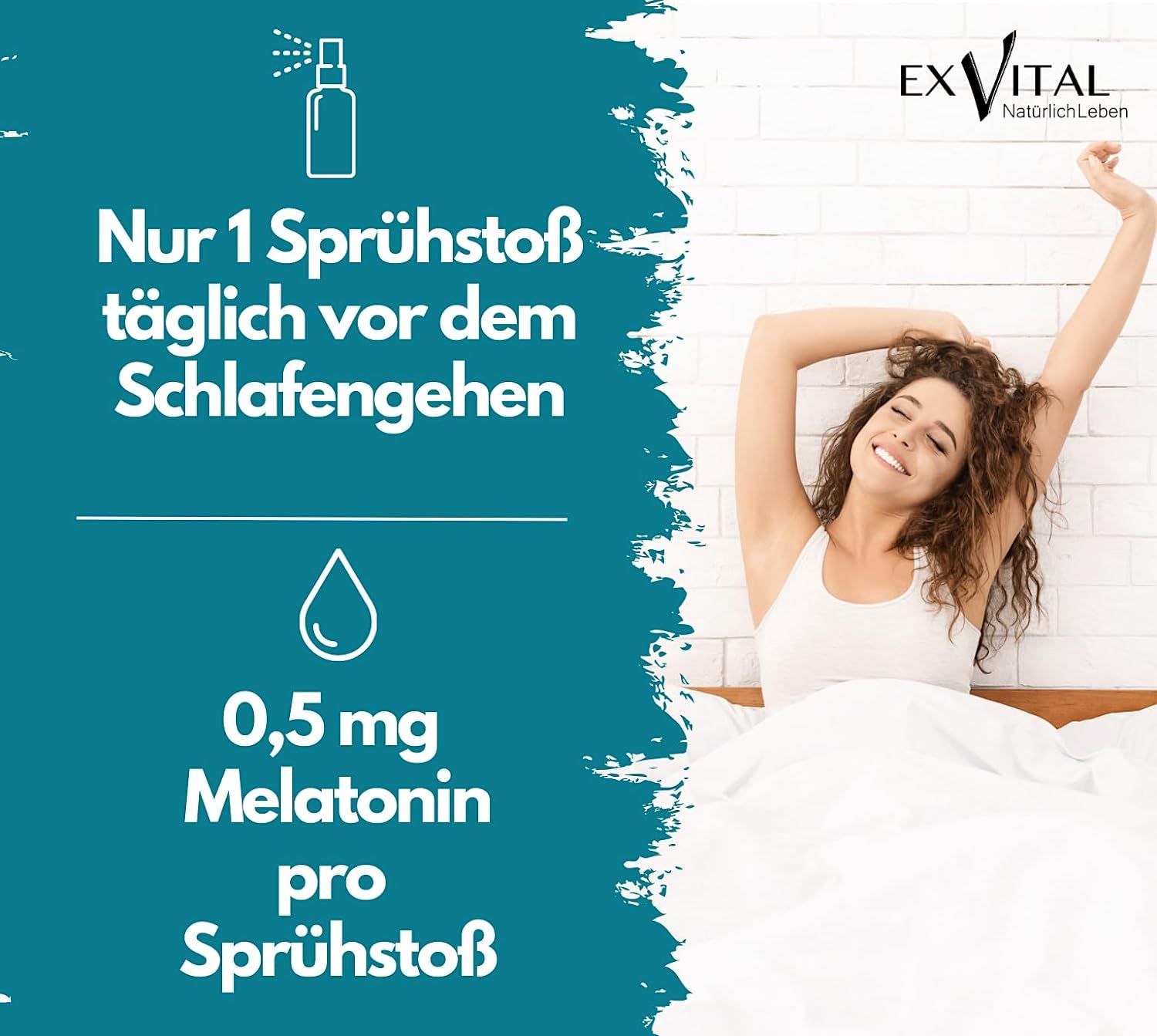 Donna a letto che si allunga. Testo: Solo 1 spruzzo al giorno prima di andare a dormire. 0,5 mg di melatonina per spruzzo.
