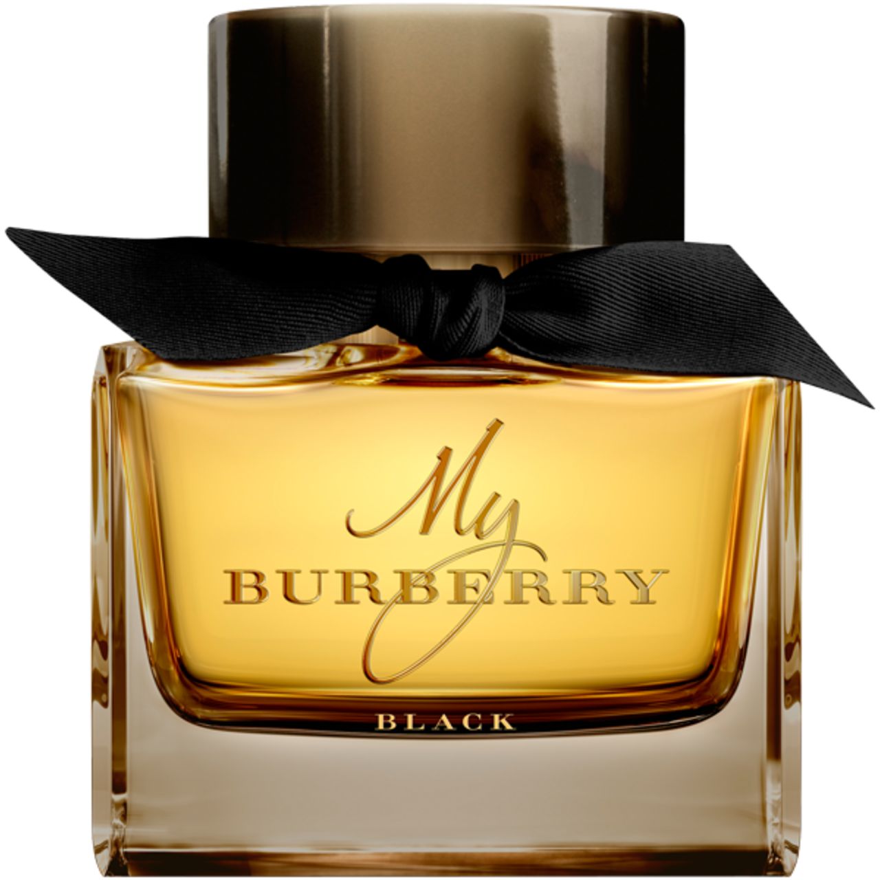 Burberry My Burberry Black E.d.P. Nat. Spray. Flacone quadrato con fiocco nero. Scritta dorata sul flacone.