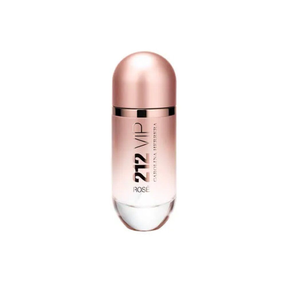 Flacone di profumo rosa con tappo oro rosa. Scritta 212 VIP Rosé. Forma cilindrica con estremità arrotondate.