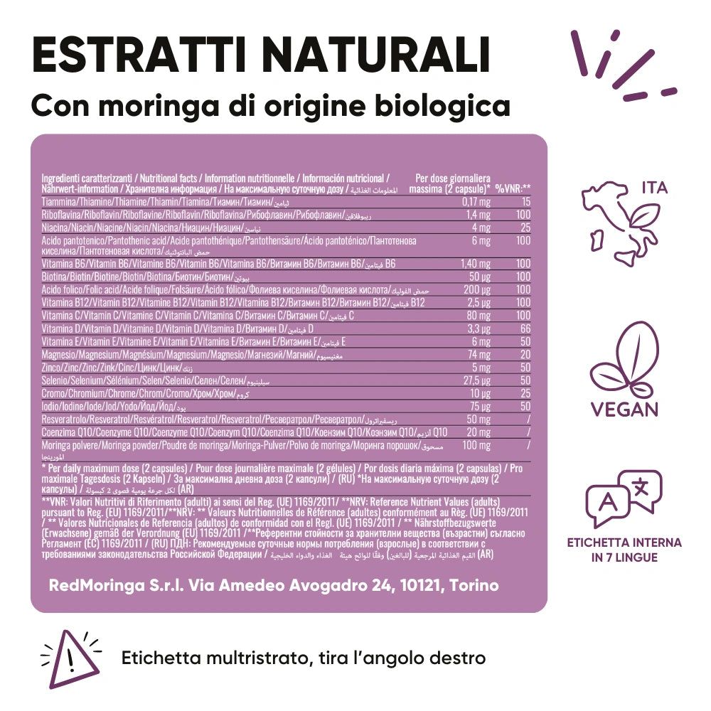 Informazioni nutrizionali e ingredienti. Sigillo vegano. Etichetta in 7 lingue. Testo: Estratti di origine naturale.