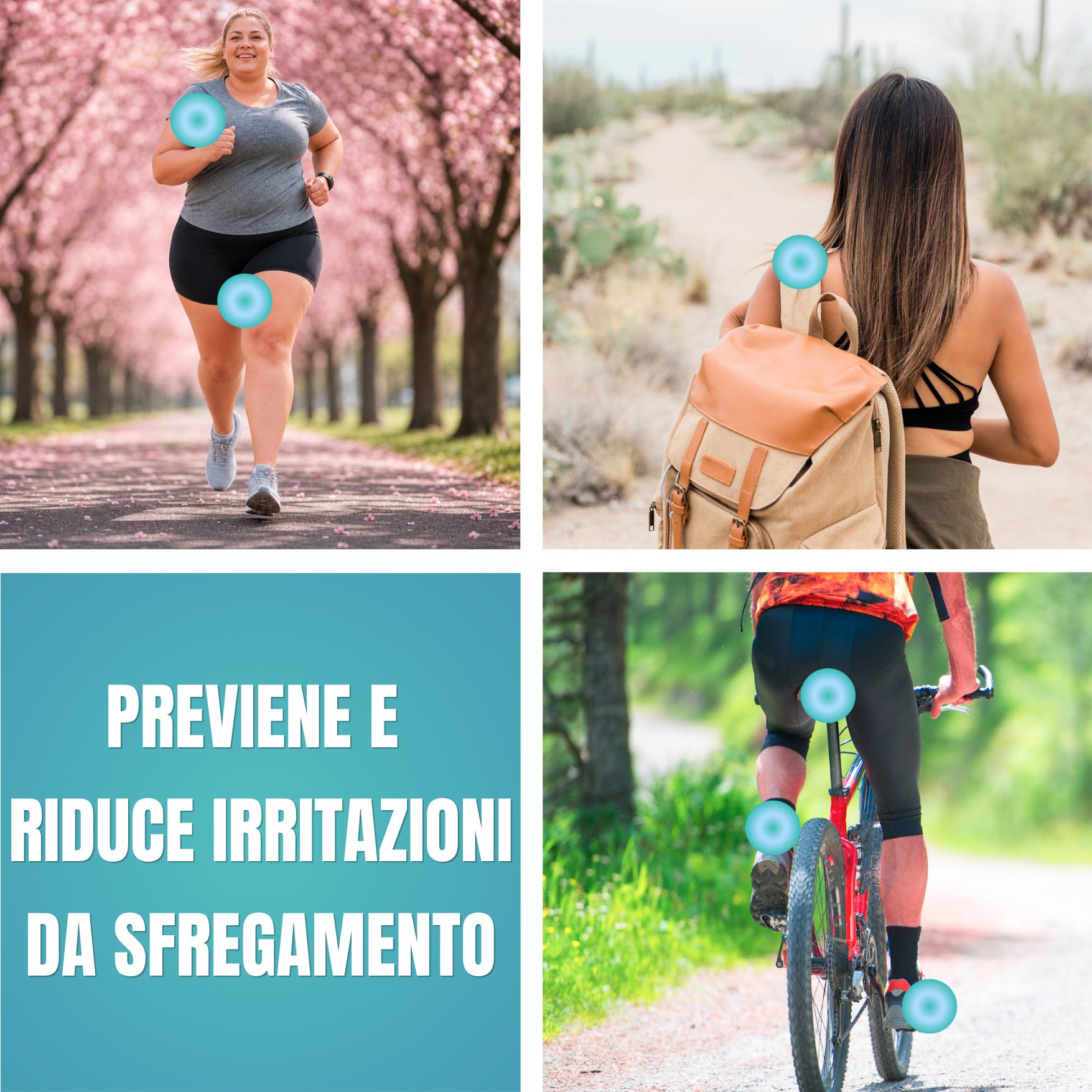 Collage: Runner, escursionista, ciclista con zone di sfregamento evidenziate.