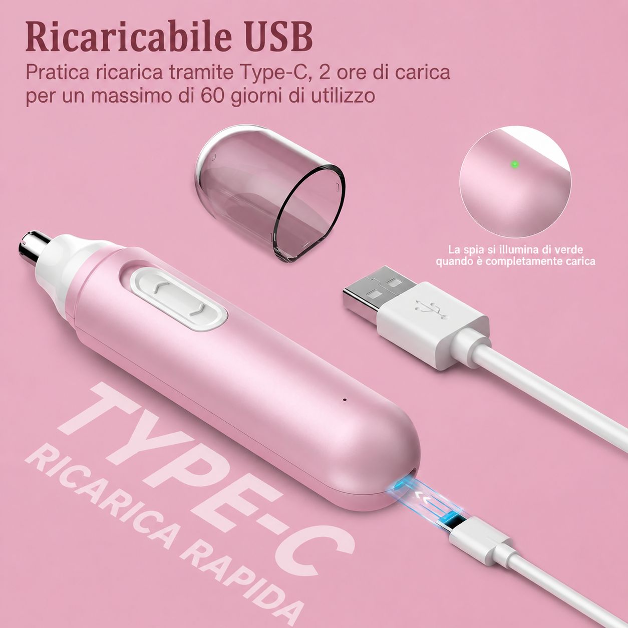 Trimmer per peli nasali rosa con cavo di ricarica USB. Ricarica rapida di tipo C. Indicatore di carica. Tappo protettivo trasparente.