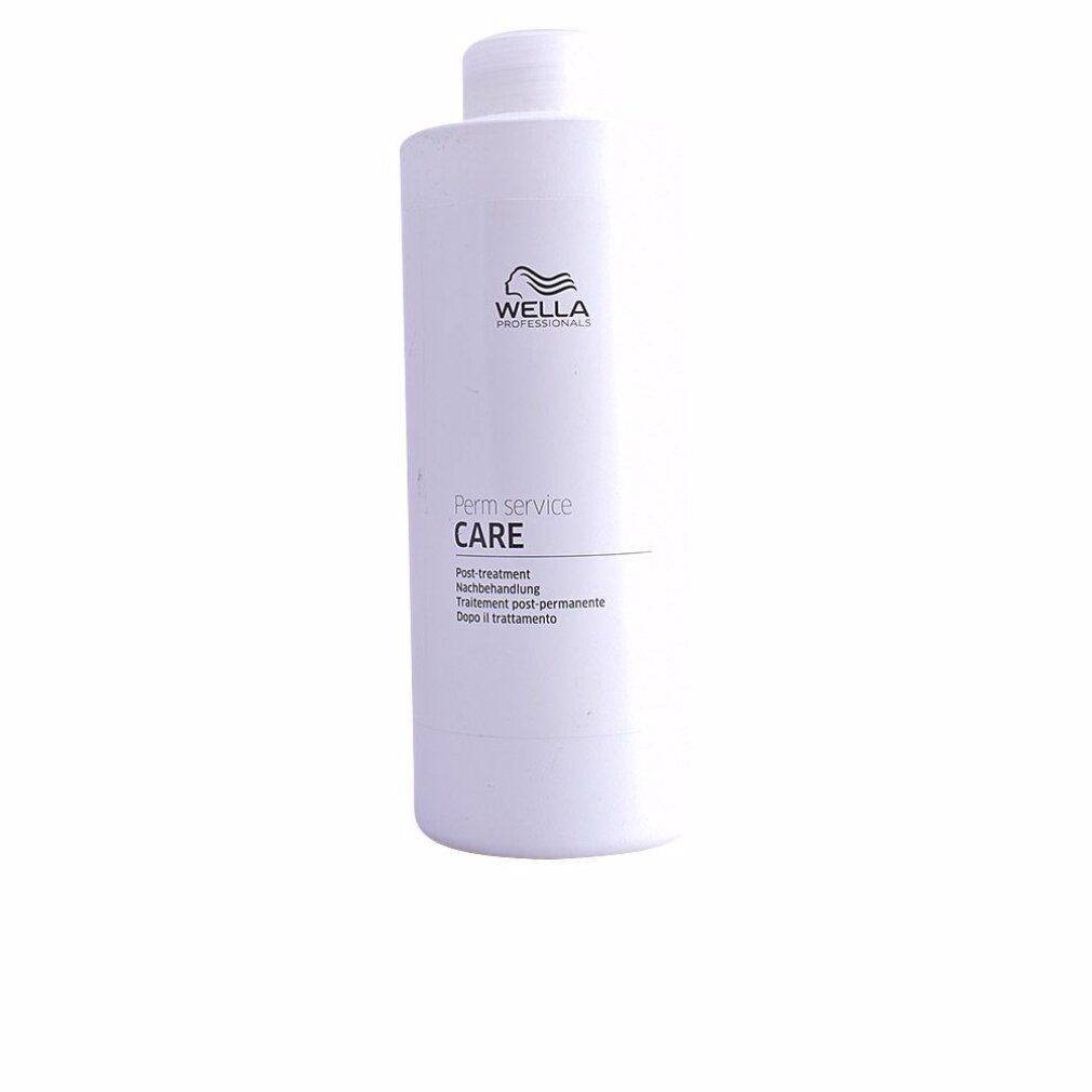 Flacone bianco con logo Wella e testo: Perm Service CARE. Post-treatment. Nachbehandlung. Trattamento post-permanente. Dopo il trattamento.