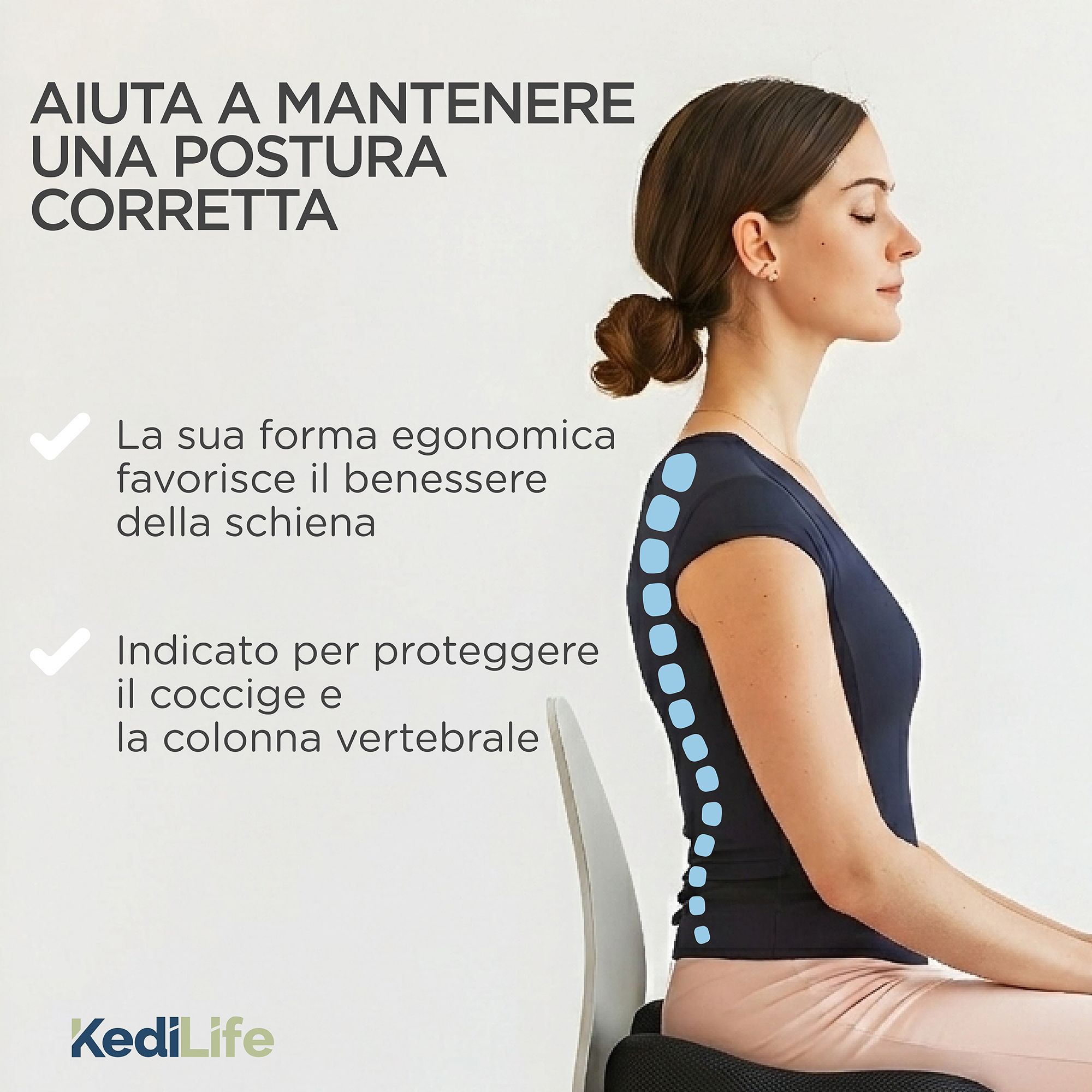 Donna seduta su un cuscino, che supporta una postura corretta.