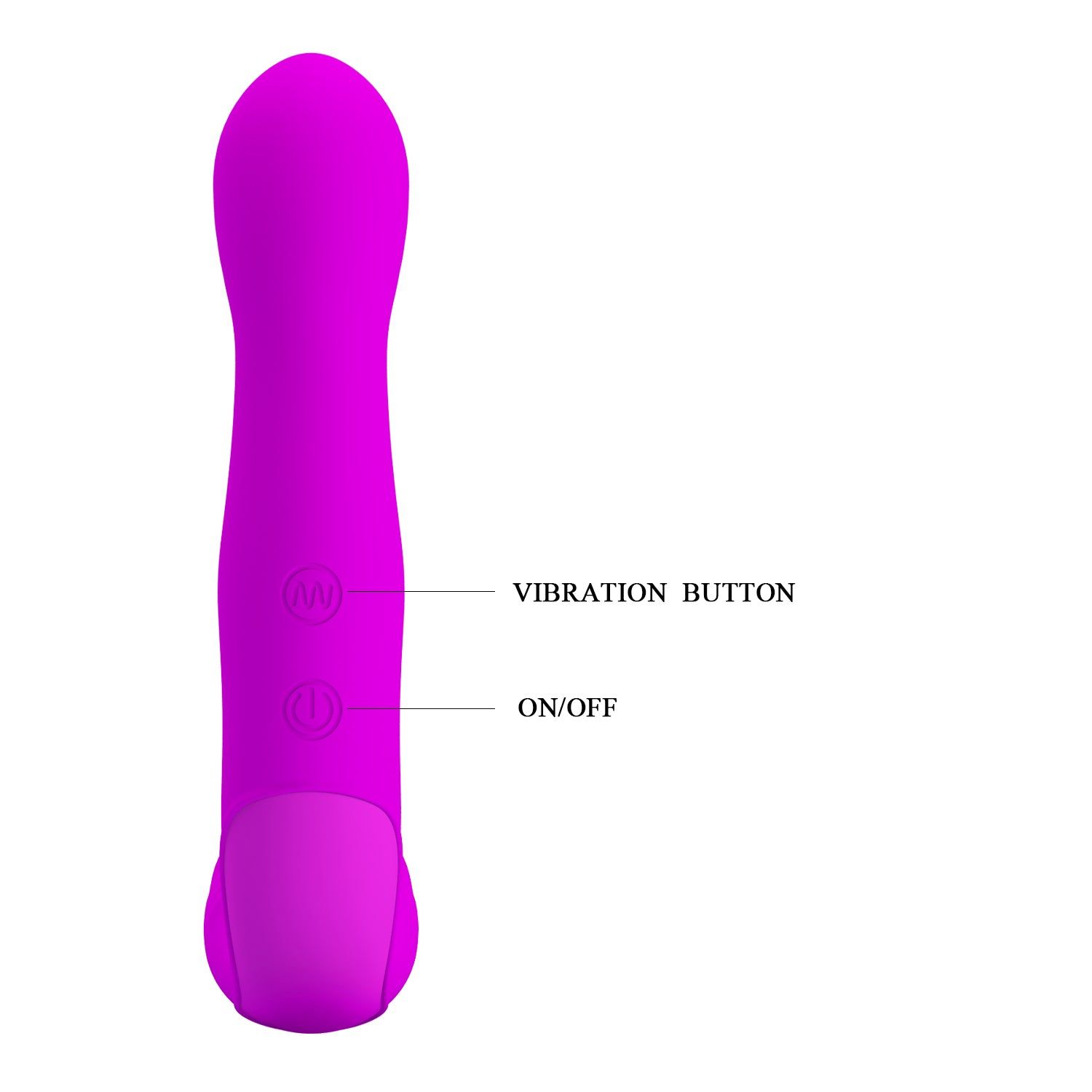 Vibratore viola con due pulsanti. Etichette: Vibration Button, On/Off.