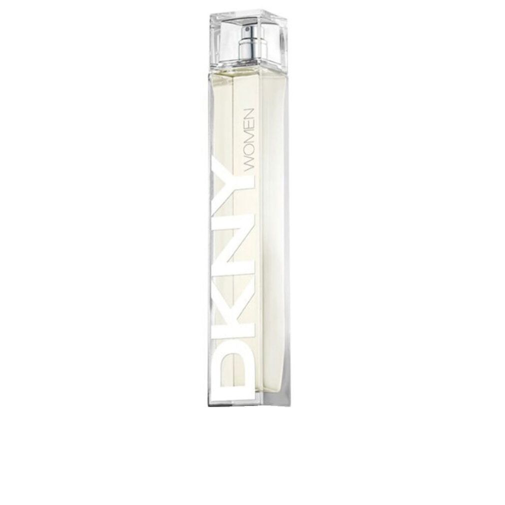 Flacone di profumo rettangolare con tappo trasparente. "DKNY WOMEN" è scritto sul flacone.