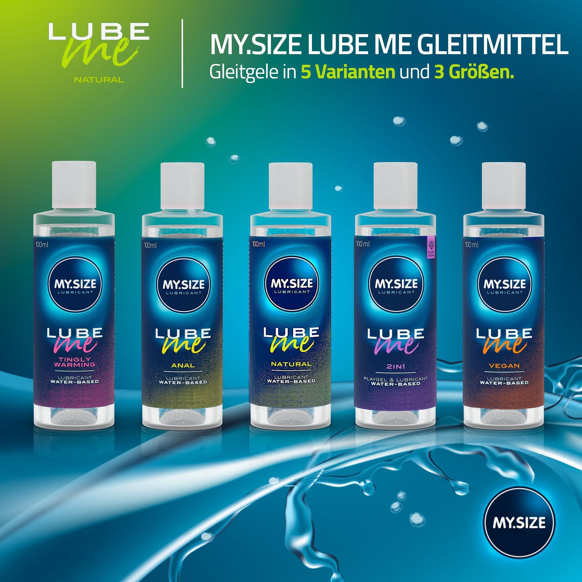 Cinque flaconi di lubrificante 'MY.SIZE LUBE ME' in varianti come Tingling, Anal, Natural, 2-in-1, Vegan.