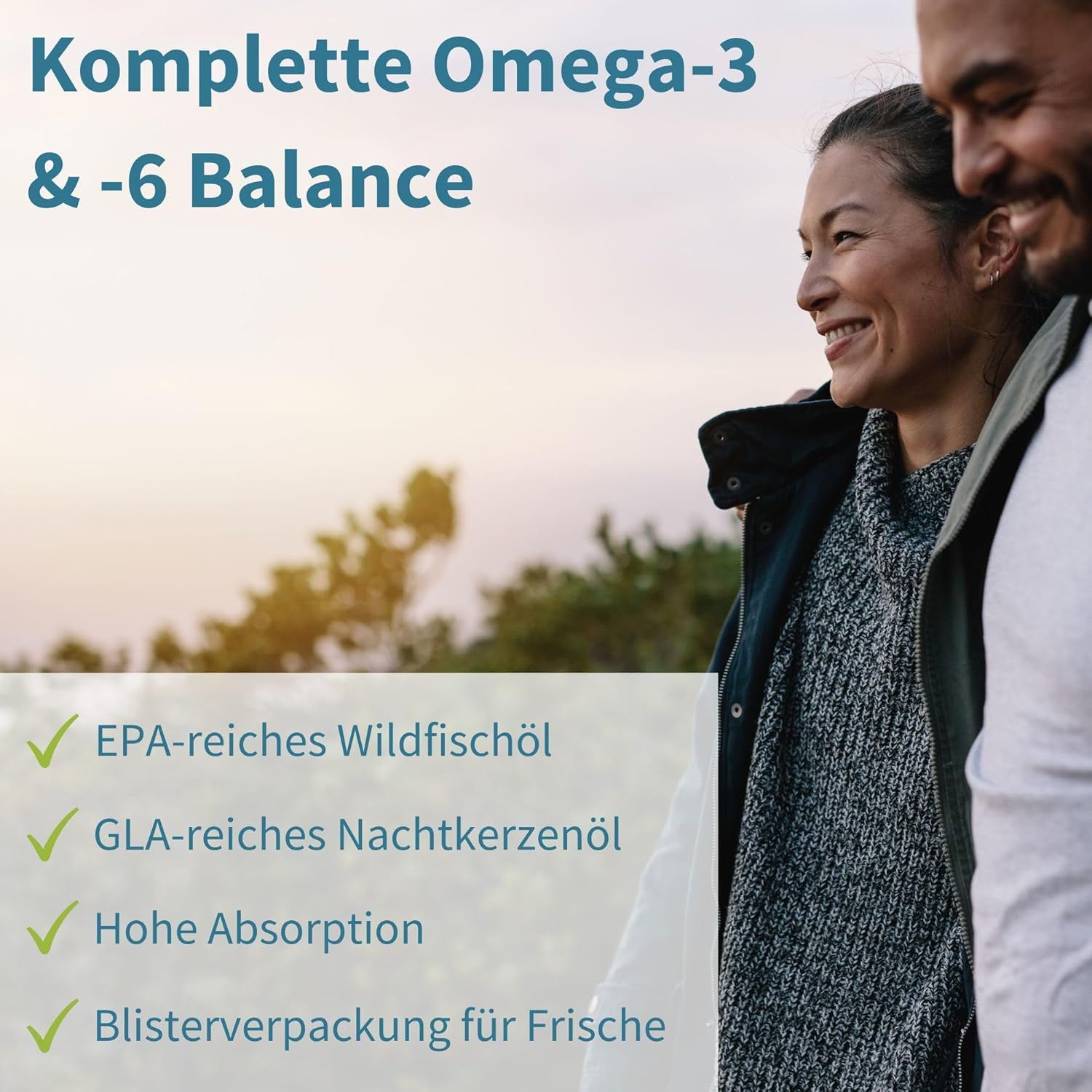Coppia all'aperto. Testo: Completo equilibrio Omega-3 & -6. Olio di pesce ricco di EPA, olio di enotera ricco di GLA.