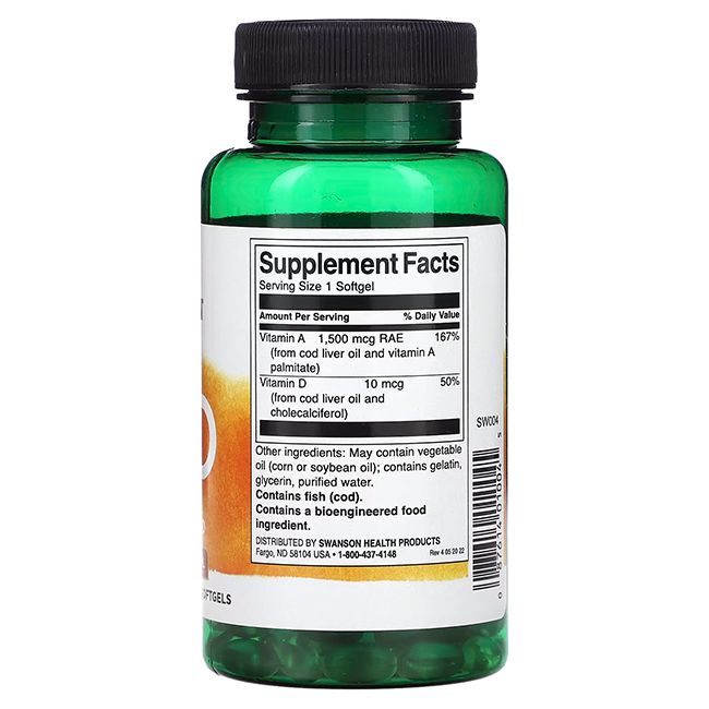 Retro del flacone verde. Etichetta bianca con informazioni nutrizionali. Contiene vitamine A e D. 250 softgel.
