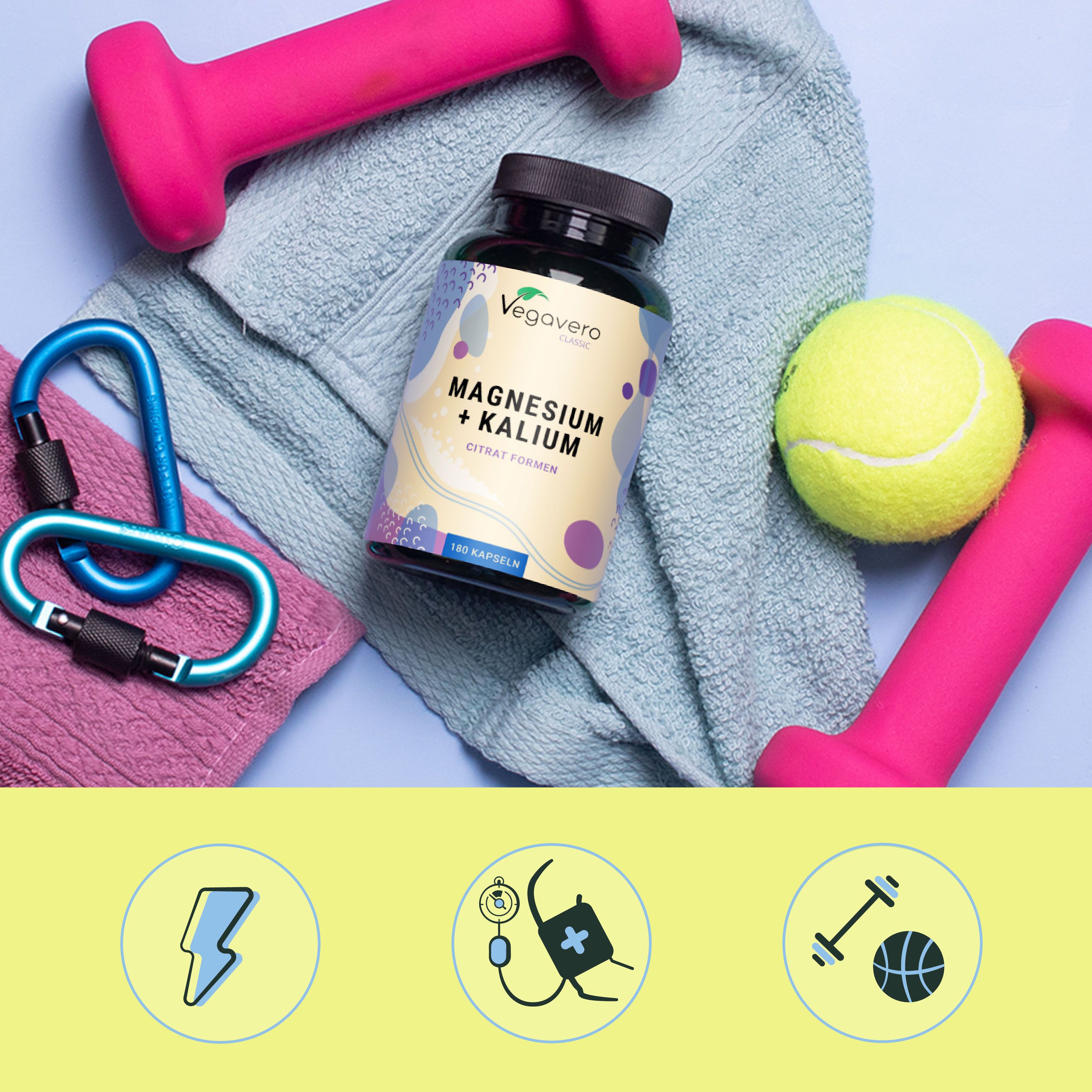 Flacone di Magnesio + Potassio, circondato da attrezzature sportive: manubri, asciugamano, moschettone, pallina da tennis. Icone: energia, pressione sanguigna, manubri.