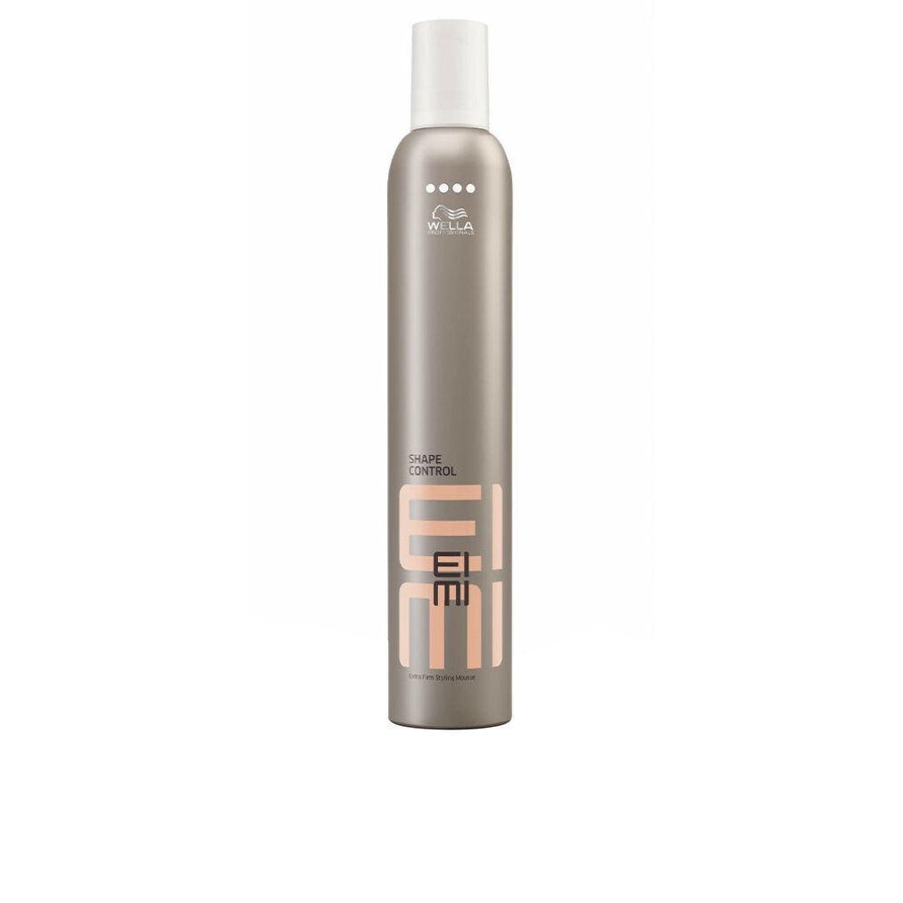 Flacone spray grigio con tappo bianco. Scritta EIMI, Shape Control. Marchio Wella. Quattro punti bianchi in alto.