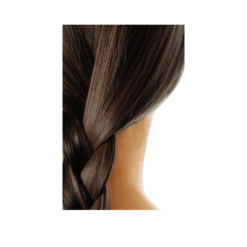 Treccia di capelli castano scuro. Primo piano, sfondo bianco.