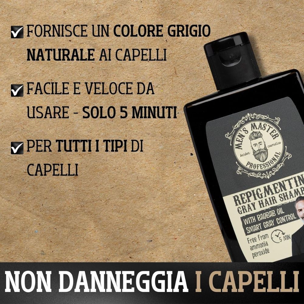 Flacone di shampoo con testo: Fornisce un colore grigio naturale. Applicazione rapida. Per tutti i tipi di capelli. Non danneggia i capelli.