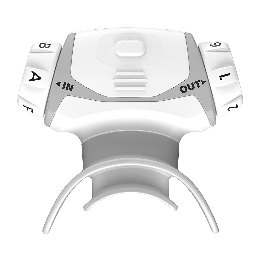 Allenatore respiratorio bianco e grigio. Manopole e boccaglio. Scritta: IN, OUT.