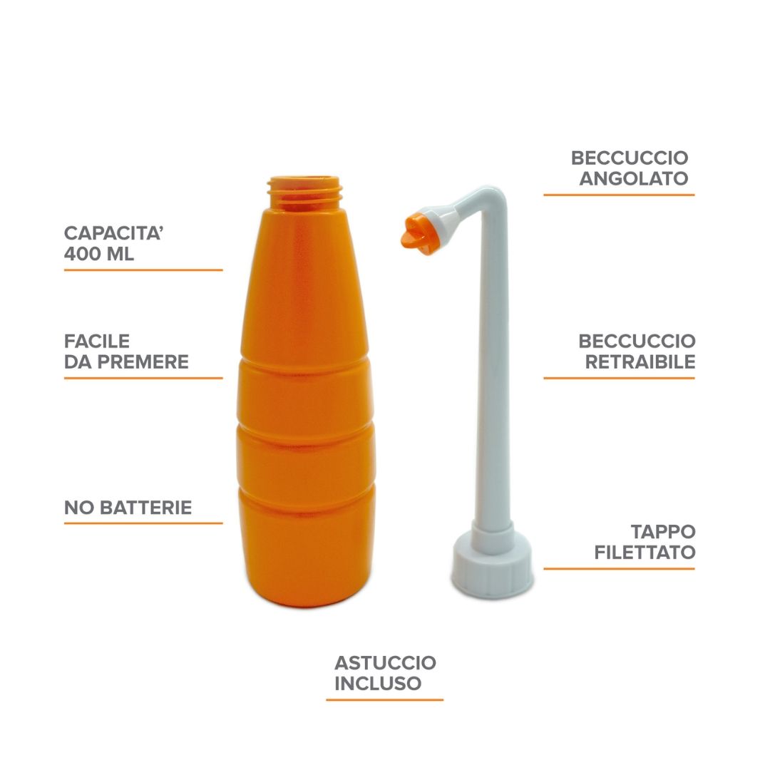 Flacone arancione, testina e altri componenti. Scritte: Capacità 400 ml, facile da premere, no batterie, astuccio incluso.