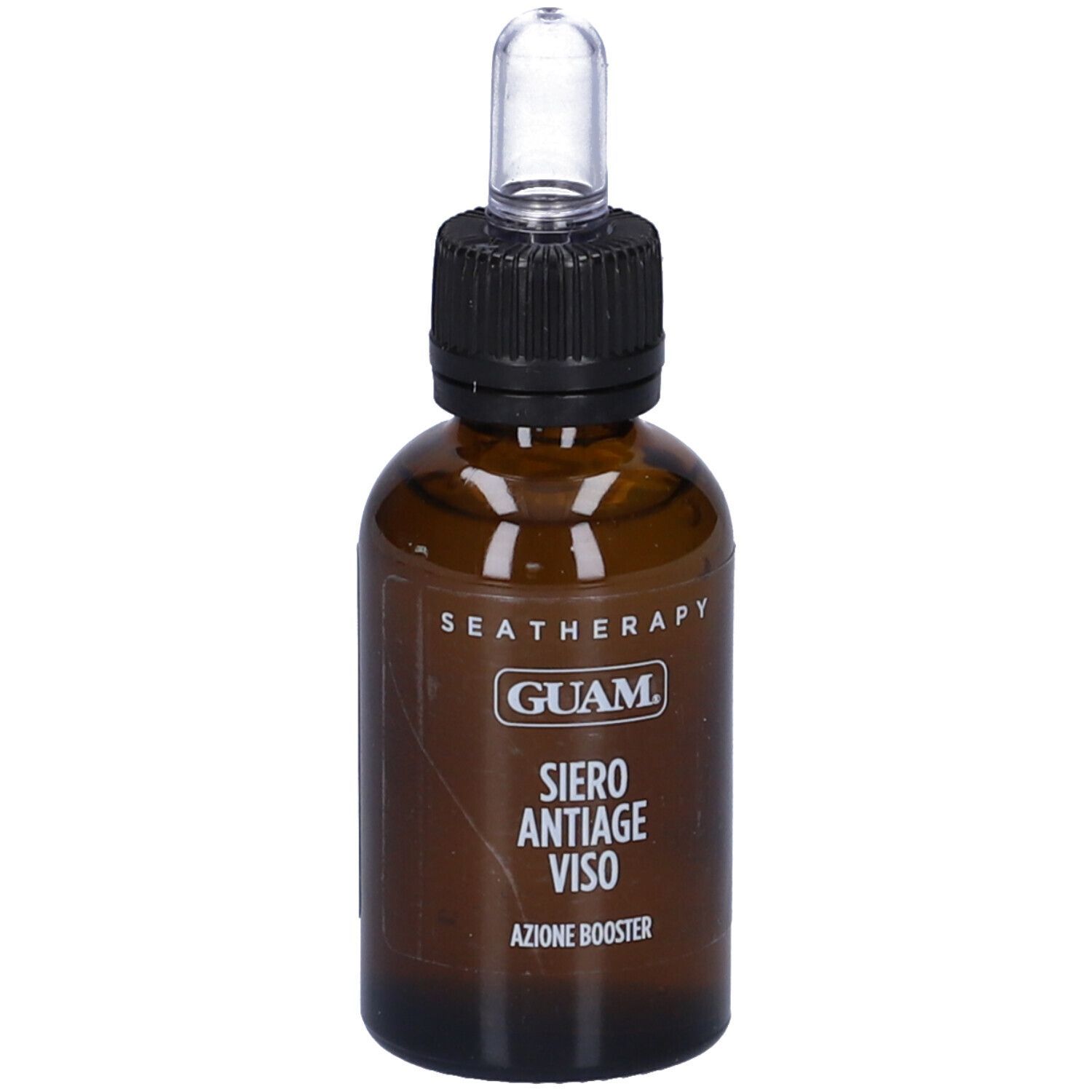 Flacone di vetro marrone con tappo nero e pipetta. Scritta: Guam Seatherapy Siero Antiage Viso.