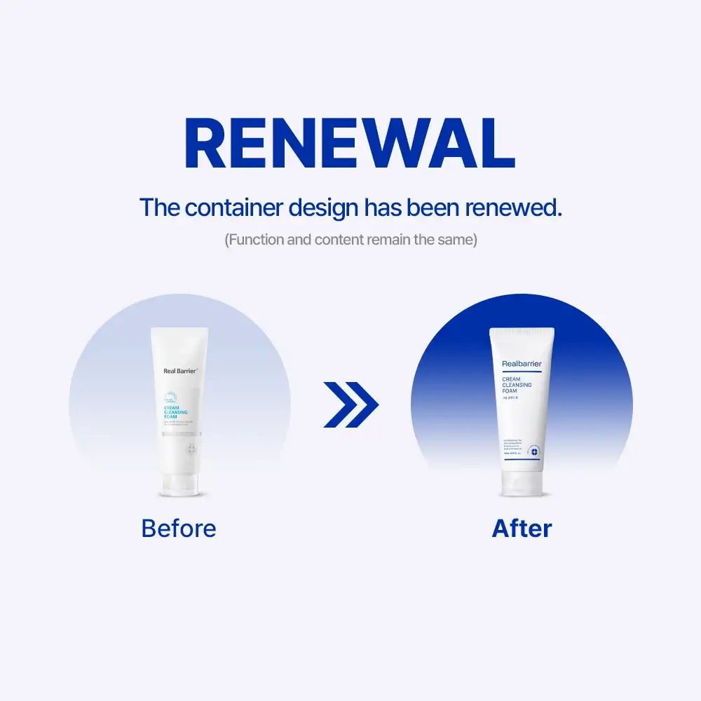 Confronto: design prima-dopo del tubo. Testo: RENEWAL. Stessa funzione, stesso contenuto.