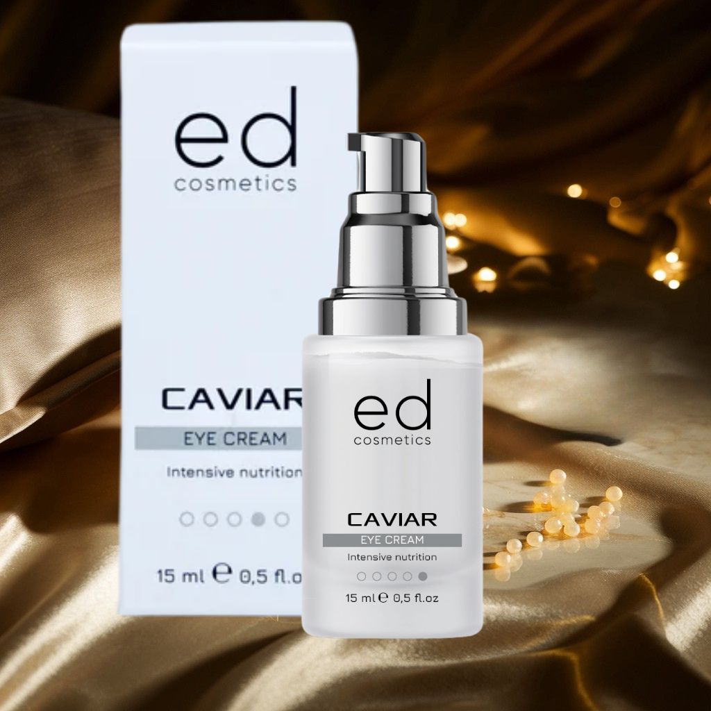 Flacone di crema occhi e confezione. Testo: ED cosmetics, Caviar Eye Cream, 15 ml. Sfondo dorato.