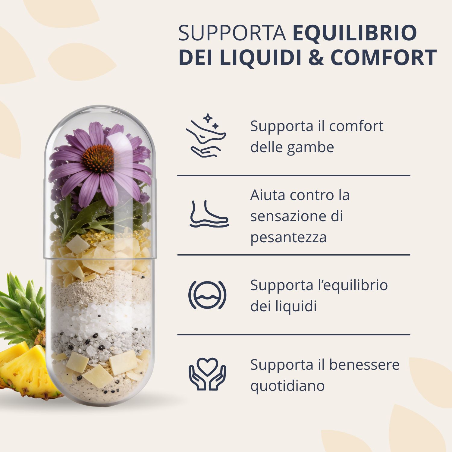 Capsula trasparente con strati di ingredienti che supportano l'equilibrio dei liquidi.