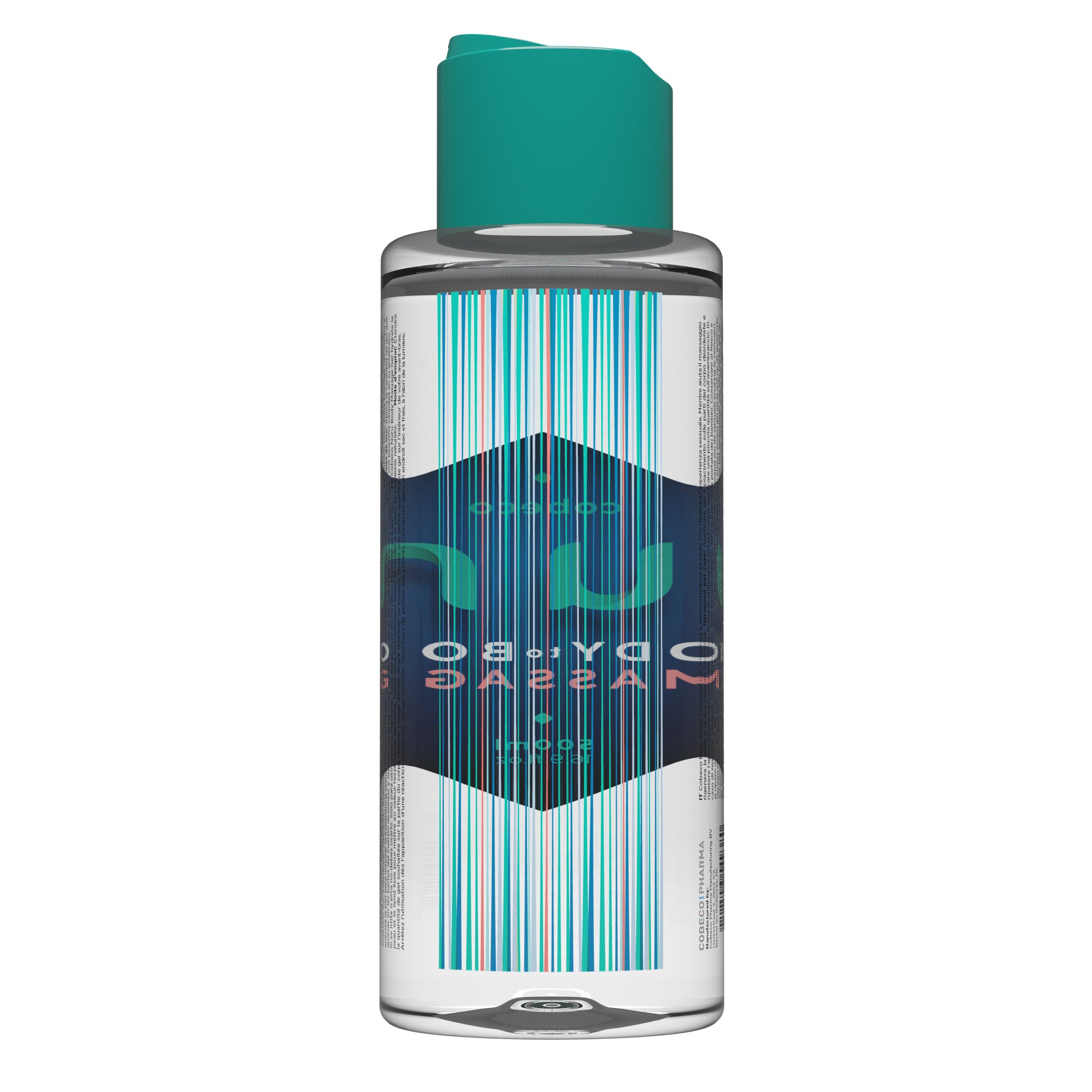 Flacone trasparente con tappo verde. Etichetta con nome e logo. Testo: Nuru Body to Body Massage. Strisce verticali.