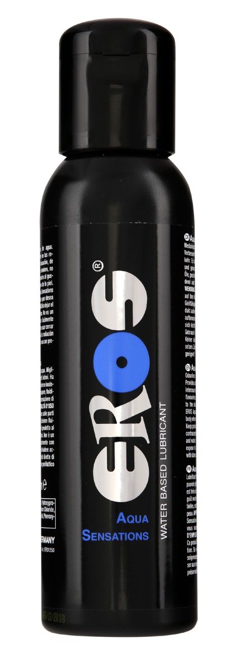 Lubrificante Eros Aqua Sensations a base d'acqua in flacone nero con tappo a scatto.