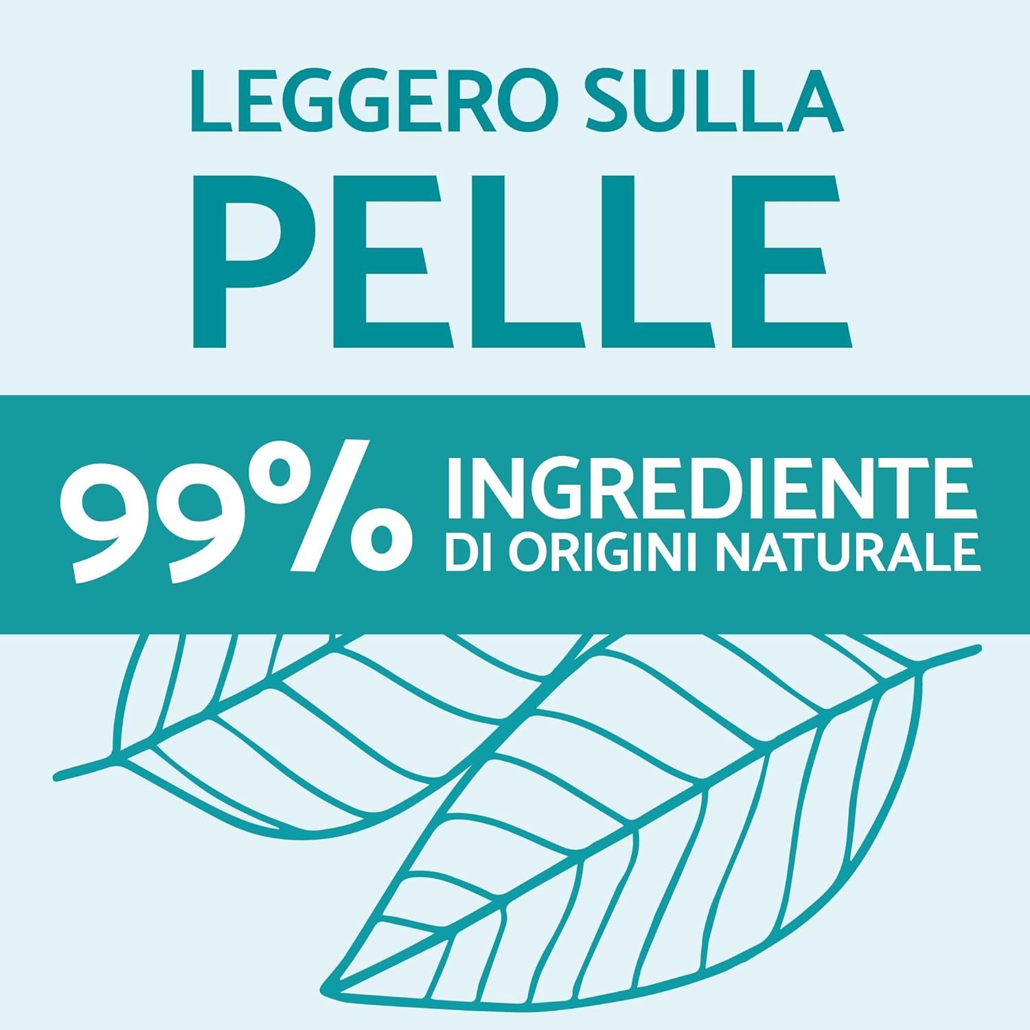Testo: Leggero sulla pelle. 99% ingredienti di origine naturale. Due foglie.