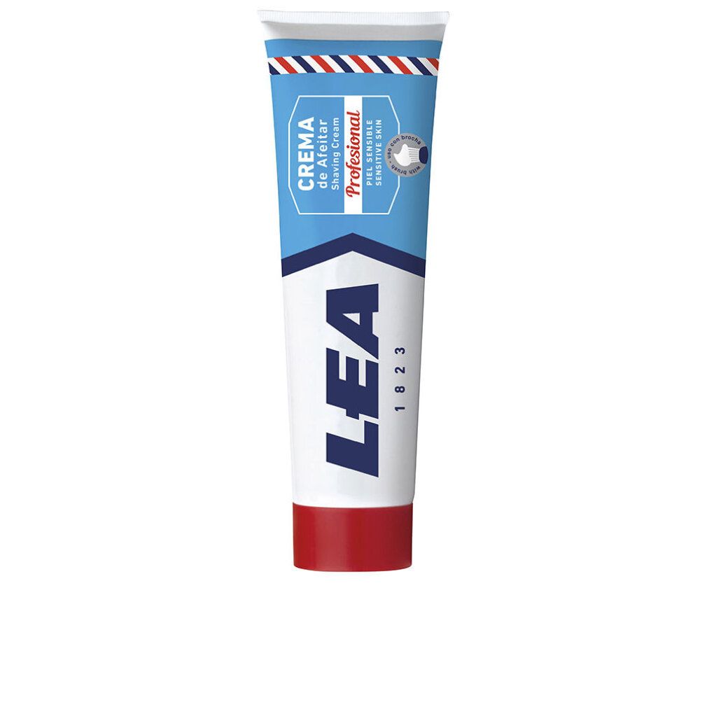Tubo bianco con design blu e rosso. Testo: "LEA", "Crema de Afeitar", "1823", "Sensitive Skin".