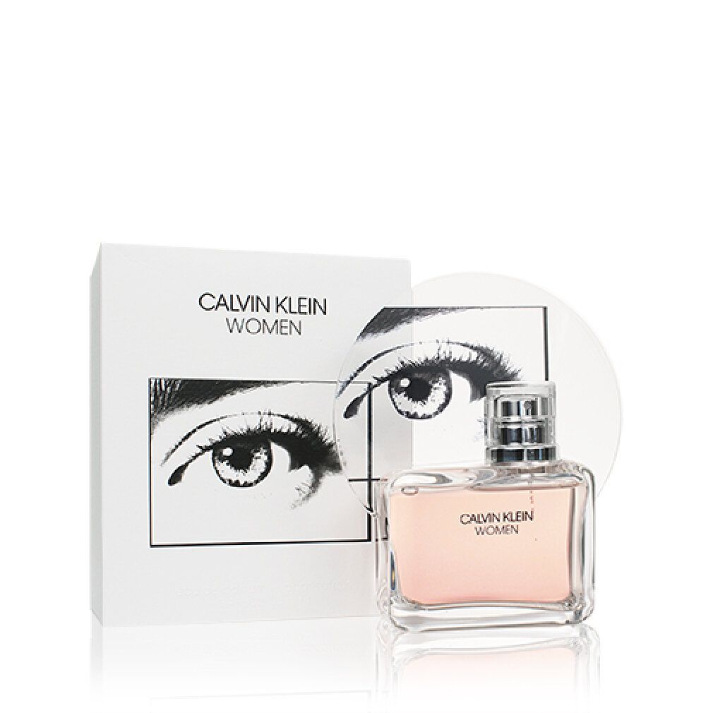 Flacone e confezione. Scritta: CALVIN KLEIN WOMEN. Confezione: scatola bianca con motivo occhi.